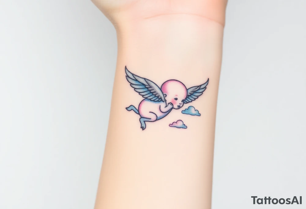 Winged baby, blue and pink watercolor, clouds tattoo idea