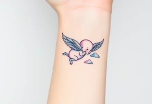 Winged baby, blue and pink watercolor, clouds tattoo idea