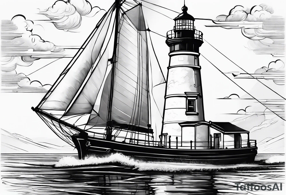 maritime lighthouse partially hidden by its  large fixed sails. tattoo idea