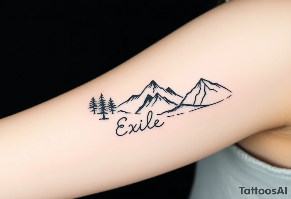 Fractured scene: dark, tangled forest on one side, open mountain range on the other. Split but connected. Word "Exile" added very small and blended in tattoo idea