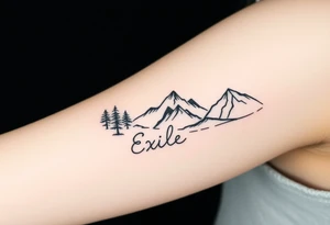 Fractured scene: dark, tangled forest on one side, open mountain range on the other. Split but connected. Word "Exile" added very small and blended in tattoo idea