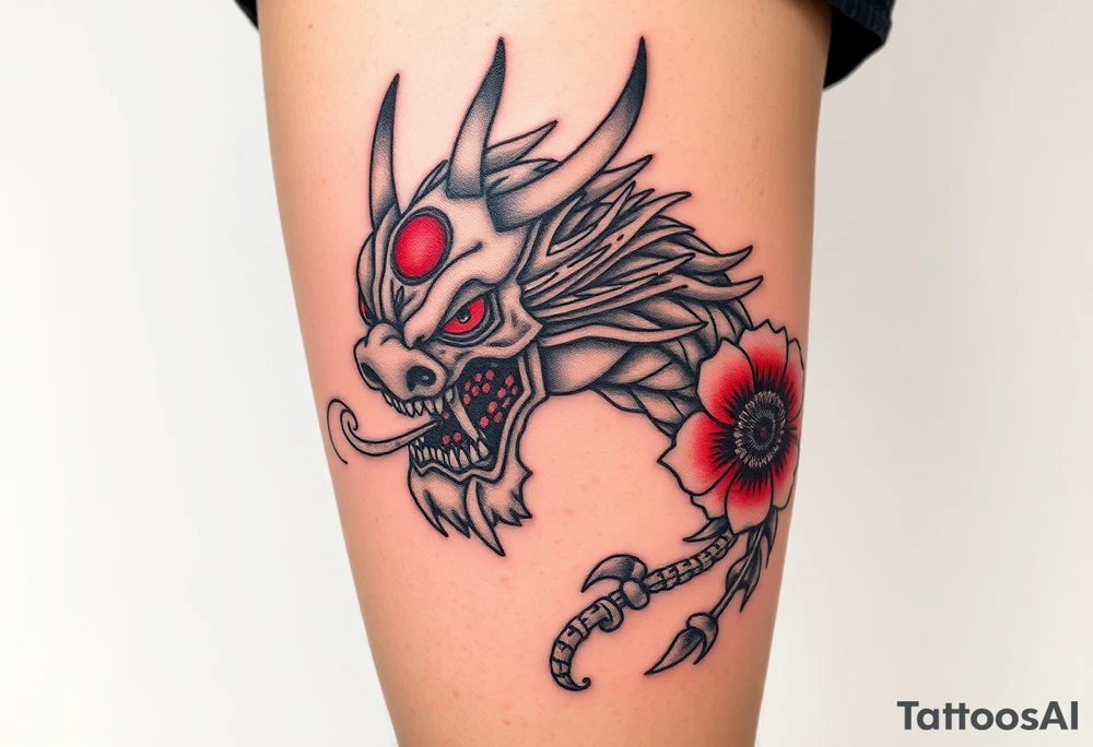 Big Rouge ronin to cover the entire thigh with smoke coming out of its mouth with 11b tattooed under its left eye with 1 poppy on each side of the ronin tattoo idea
