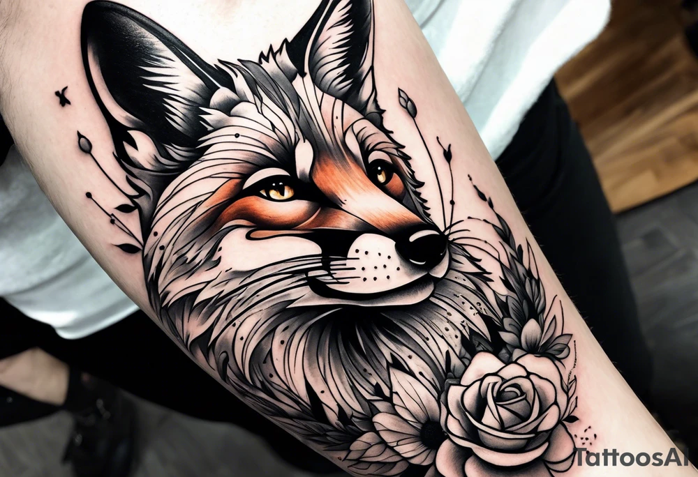 A forearm tattoo of a fox and a bee tattoo idea