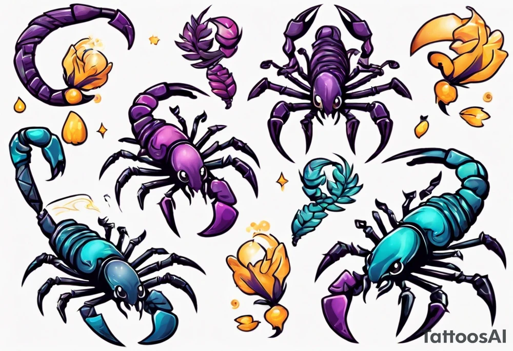 background that represents game development and designs with a scorpion make it magical, and cute scorpion that's feminine tattoo idea