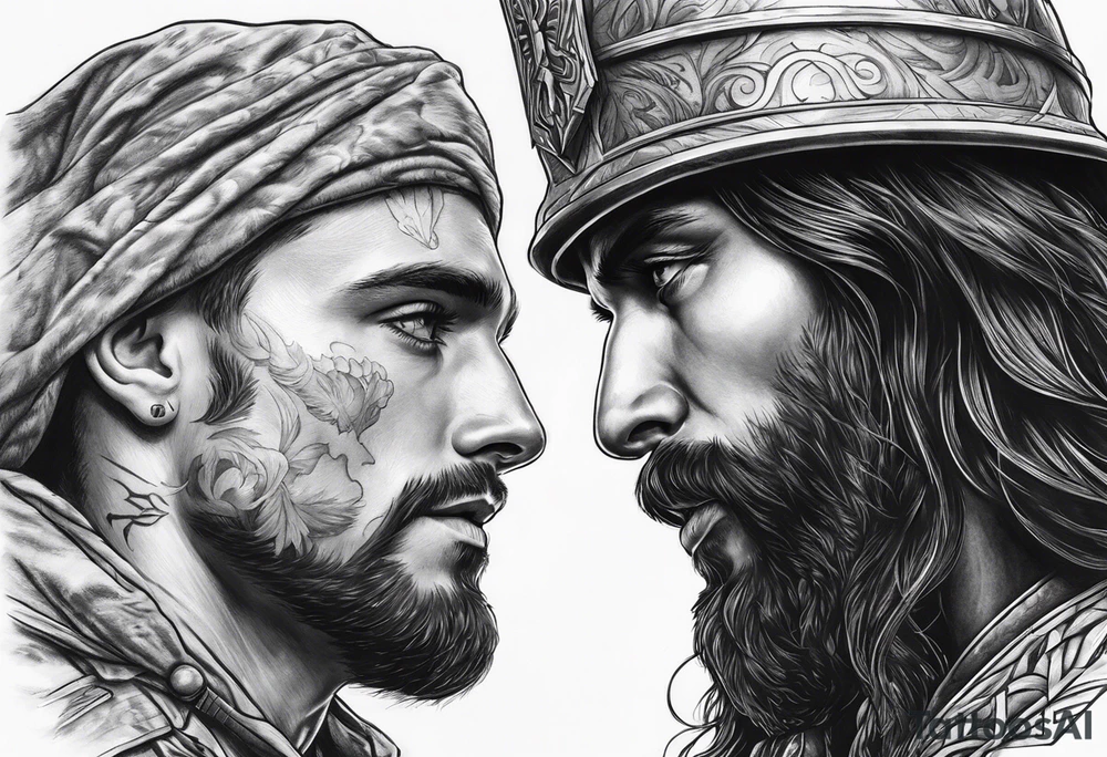 A solider face to face with death with Jesus over the soldier’s shoulder tattoo idea