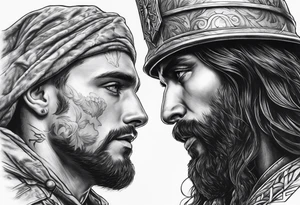 A solider face to face with death with Jesus over the soldier’s shoulder tattoo idea