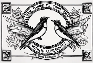 One Sketch of two swallows holding the inscription "learn to think, without consequences" in the traditional tattoo style tattoo idea