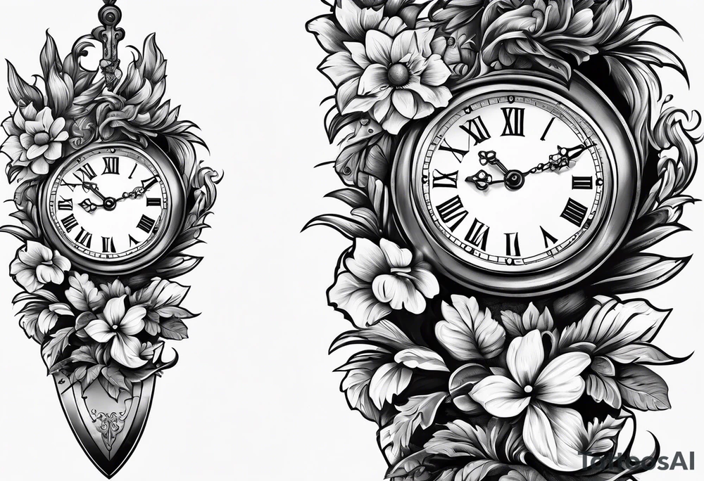 Dagger clock inside handle and flowers on blade tattoo idea Dagger clock inside handle and flowers on blade tattoo idea