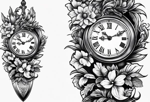Dagger clock inside handle and flowers on blade tattoo idea