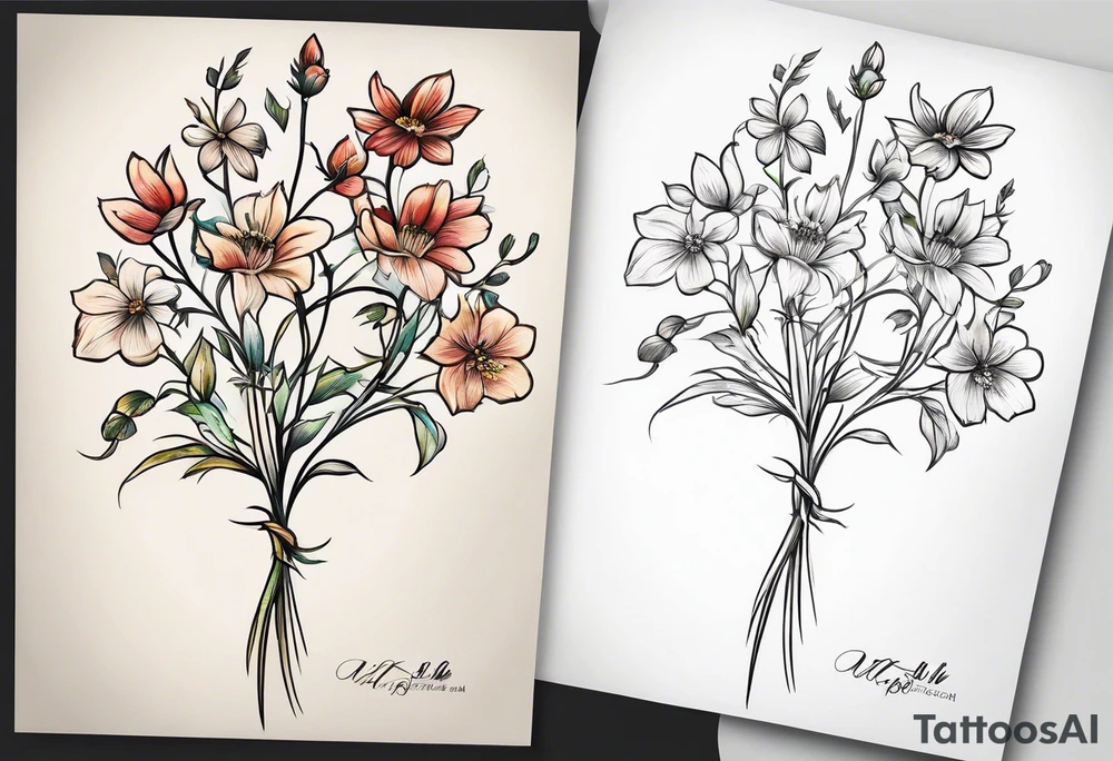 simple long stem wildflower bouquet across foot tattoo idea