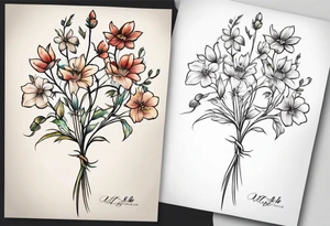 simple long stem wildflower bouquet across foot tattoo idea