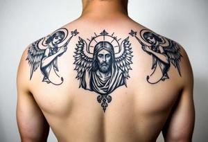 russian orthodox symmetrical guardian angel icon on left and right side of back with both angels holding up a jesus potrait tattoo idea