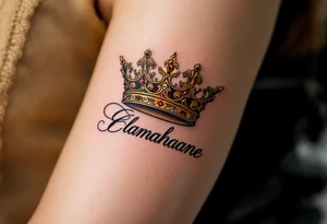 Baroque-style crown designs with gold and ruby detailing, sitting atop script names. tattoo idea
