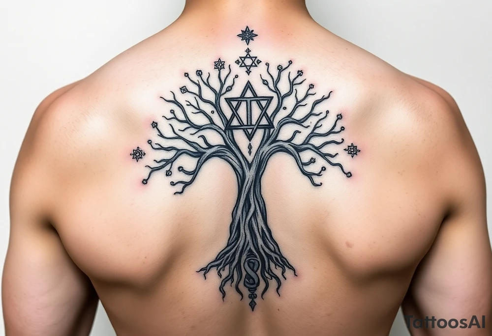 geometrical mystical tree of life with the star of David and cross cosmic roots and celestial symbols branches with HIV-positive symbol tattoo idea