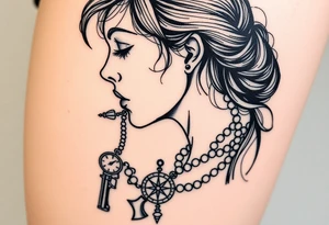 Profile of woman with messy face, hand on chin, pearls hanging from mouth , compass and gun near by tattoo idea