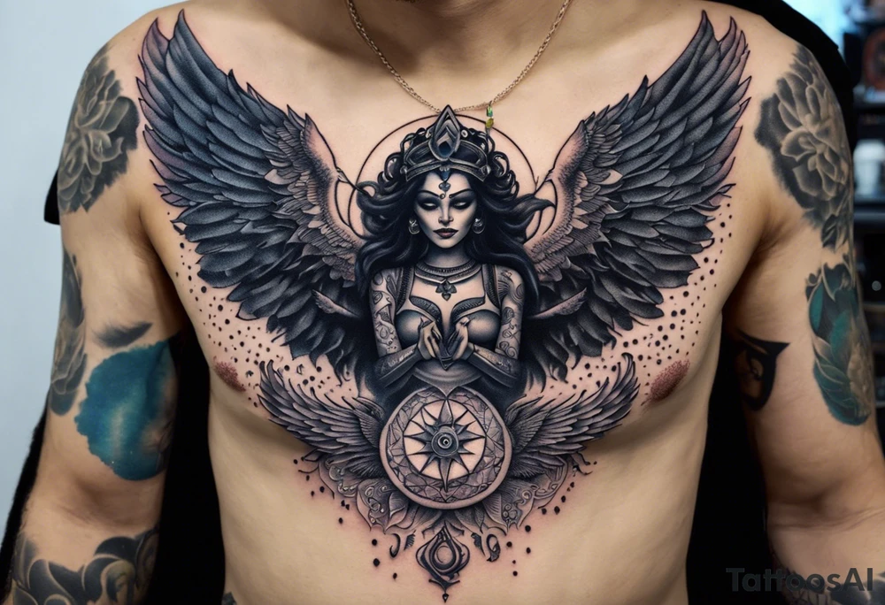 black kali, goddess pirate, alien, angel, pachamama, valkrye, warrior, flying, skull, lotus azul, wing, eagle, zenza resonance, stars, 5D, anahata chakra, death, durga, riding on a tiger, flying lady, kundalini, chest tatoo, rebel tattoo idea