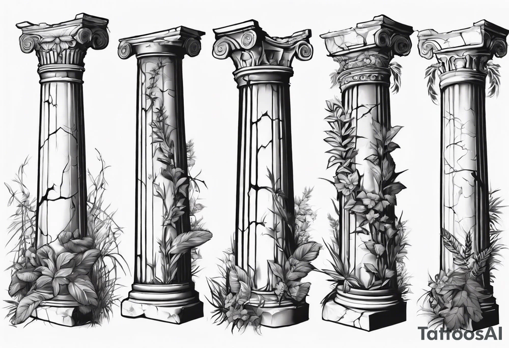 Half of an ancient roman pillar in the Ionian style. It has cracks on it, and on the lower half some overgrown plants. tattoo idea