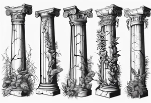 Half of an ancient roman pillar in the Ionian style. It has cracks on it, and on the lower half some overgrown plants. tattoo idea