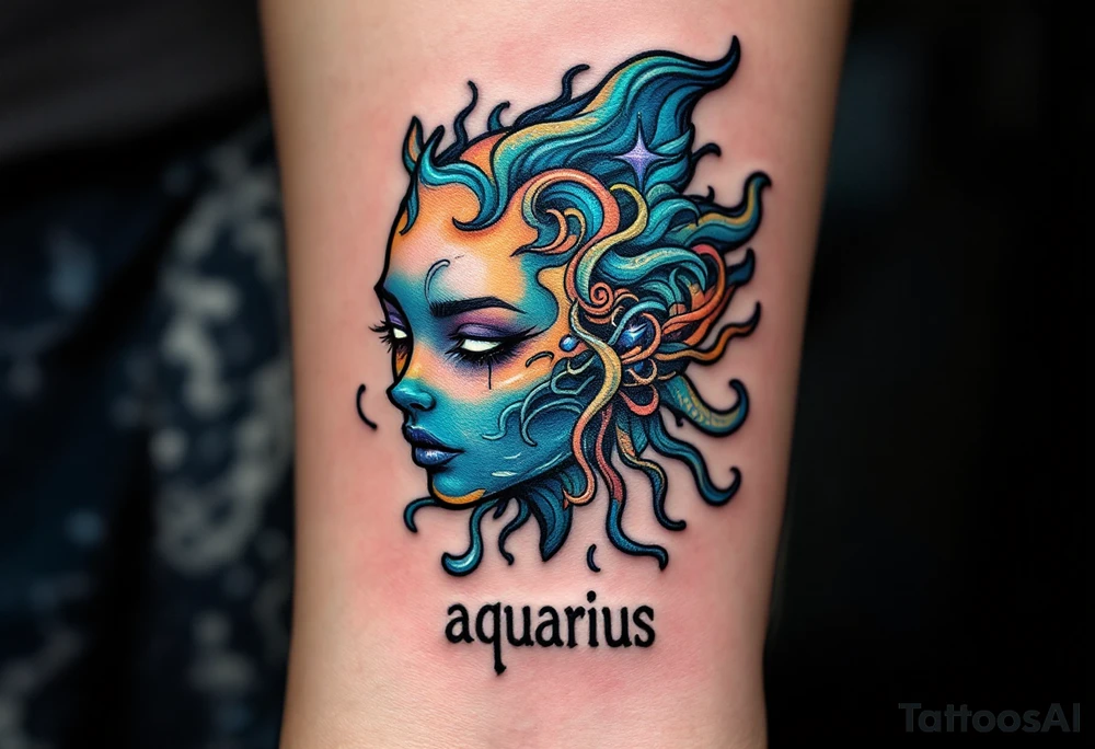 A half-human, half-aquatic being, with gills and bioluminescent skin, with word "aquarius" underneath tattoo idea