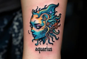 A half-human, half-aquatic being, with gills and bioluminescent skin, with word "aquarius" underneath tattoo idea