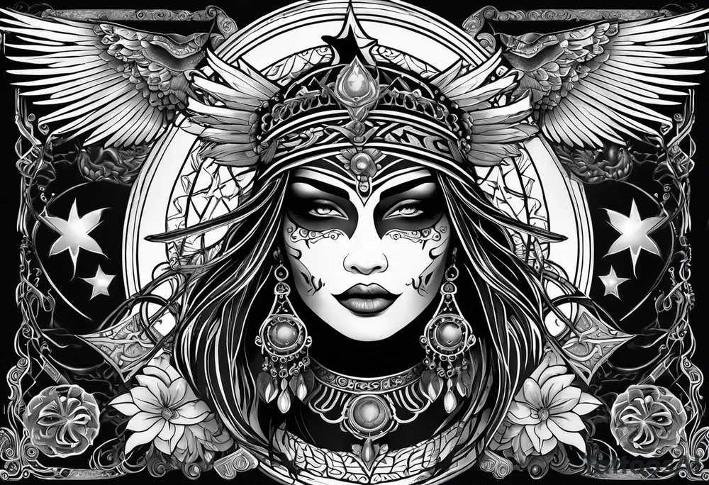 black kali, goddess pirate, alien, pachamama, valkrye, warrior, skull, lotus azul, wing, eagle, zenza resonance, stars, 5D tattoo idea