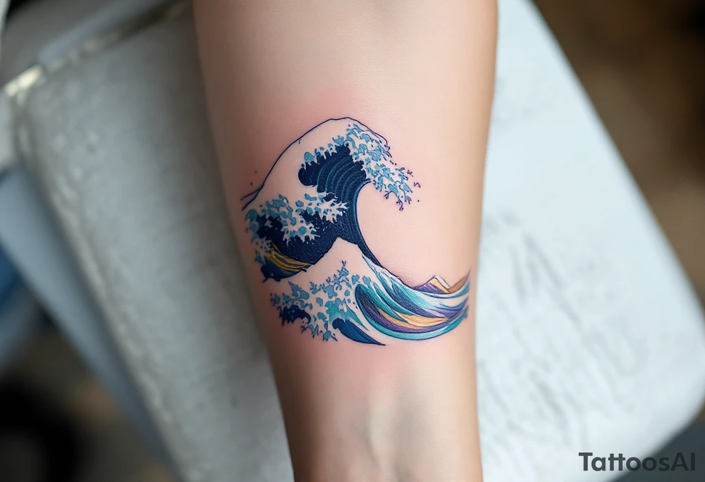 A wave inked in swirling tones of aquamarine and lavender hugs the inner forearm. tattoo idea