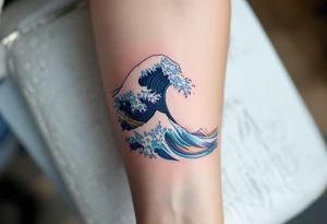 A wave inked in swirling tones of aquamarine and lavender hugs the inner forearm. tattoo idea
