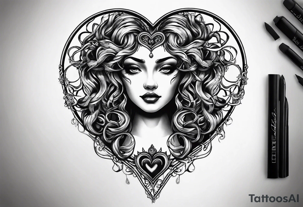 Gothic Medusa lady head inside of a heart blackwork tattoo idea