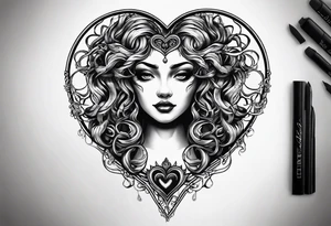 Gothic Medusa lady head inside of a heart blackwork tattoo idea