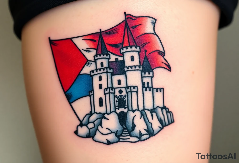 A Czech flag waving behind a medieval castle tattoo idea