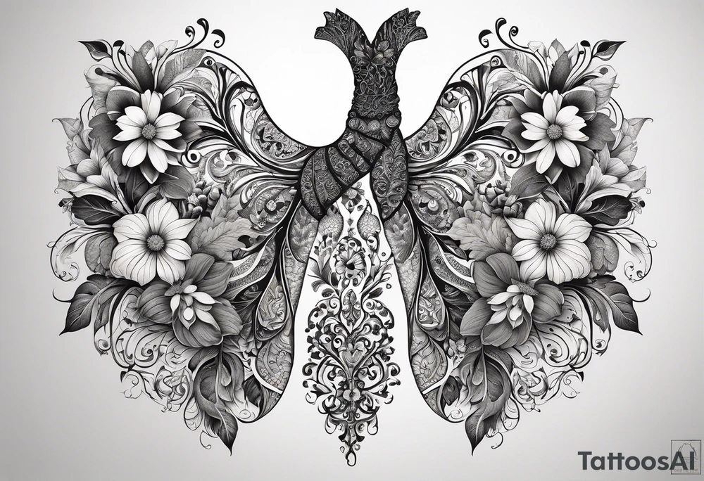intricate and artistic arrangement of flowers and ornamental patterns that come together to form the shape of human lungs. The design should have a balance of delicacy and detail, with vibrant floral elements seamlessly intertwining to mimic the structure of the lungs, including the bronchi branching into floral motifs. Incorporate subtle shading and depth to give the tattoo a dynamic and organic feel, while maintaining elegance and symmetry, embraced by an octopus and butterflies flying around tattoo idea