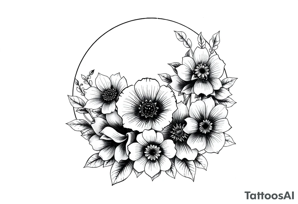 moon-shaped diferent flowers tattoo idea