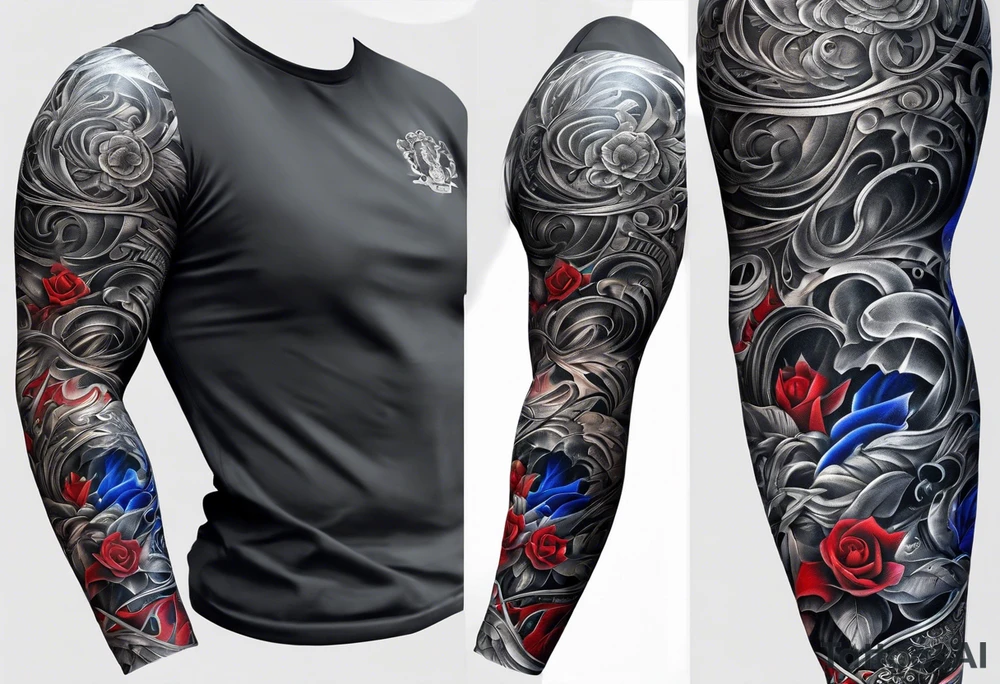 Full Arm sleeve, black, gray, silver, red, royal blue tattoo idea Full Arm sleeve, black, gray, silver, red, royal blue tattoo idea