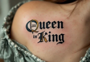 A vintage mirror reflecting the word "Queen" in gold and "King" in black gothic lettering. tattoo idea
