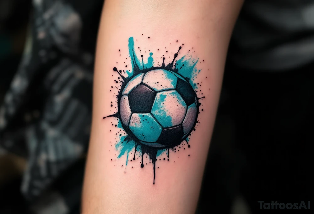 A small behind-the-ear soccer ball tattoo in black with a splash of teal paint. tattoo idea