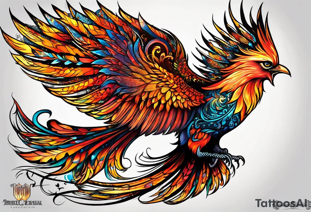 russian firebird in-flight with very long fancy tail "Isaiah 43: 18-19" tattoo idea