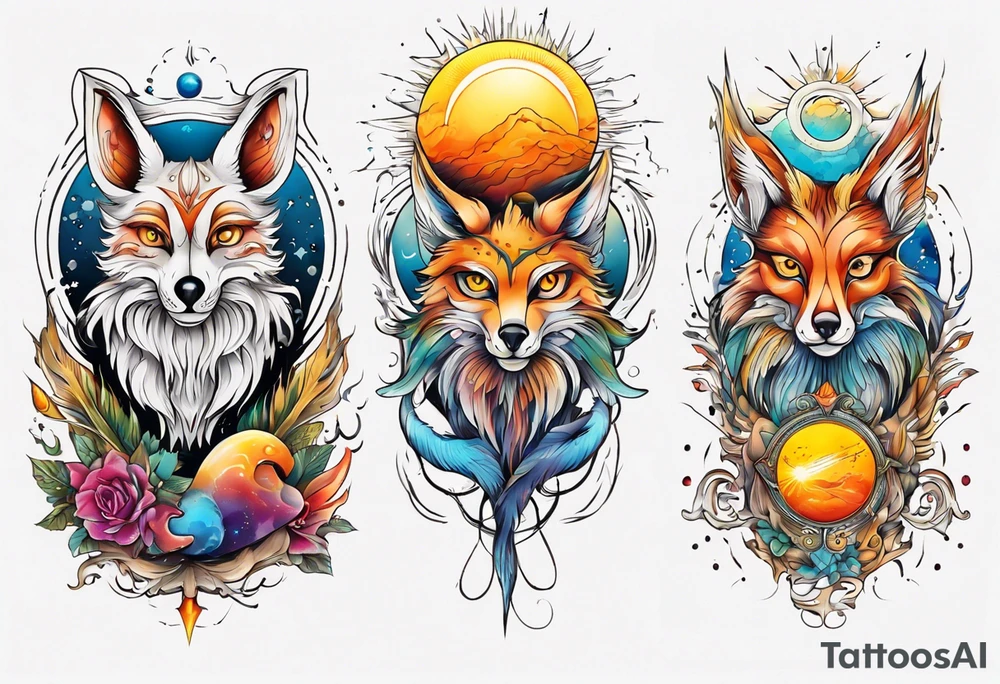 fisch, fuchs und eule , symetrie  sonne, universum, bunt tattoo idea