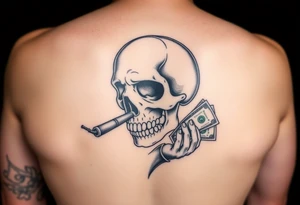 skull with cigar in his mouth,a mustache,a top-hat and money in a hand. tattoo idea