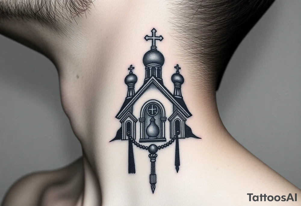 russian orthodox church with the crosses above being christian orthodox but in a AK47 style with a beaded orthodox thurible chain tattoo idea