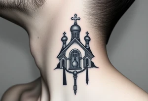 russian orthodox church with the crosses above being christian orthodox but in a AK47 style with a beaded orthodox thurible chain tattoo idea