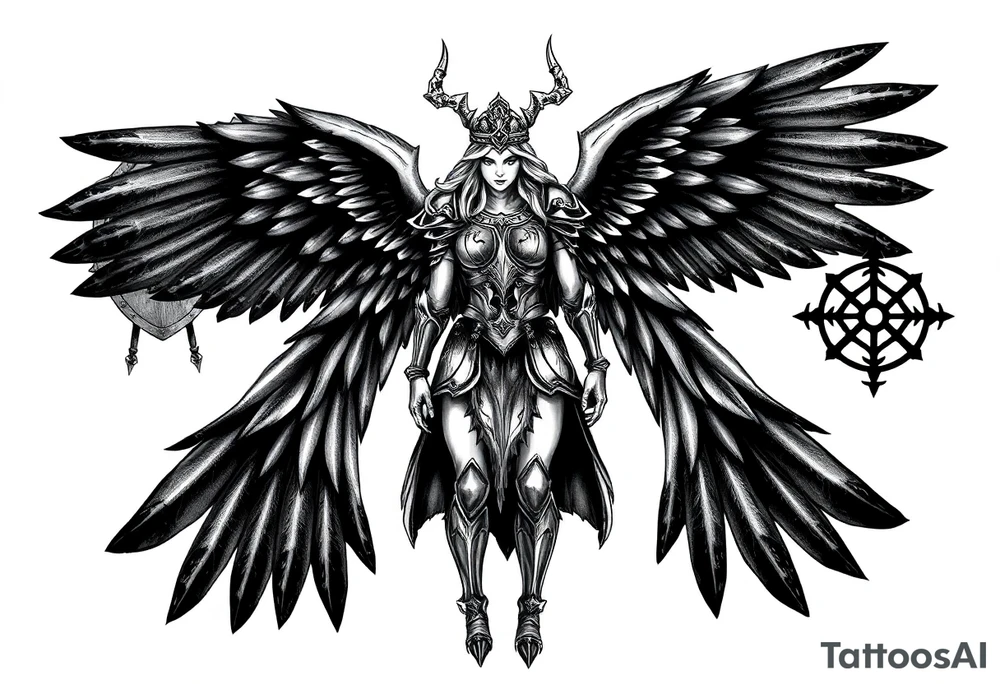 A fierce looking Valkyrie with very big dark wings. The whole body with legs should be visible.
She has armor.

In the background there is a viking shield on the left side and a vegvisir symbol on the right tattoo idea
