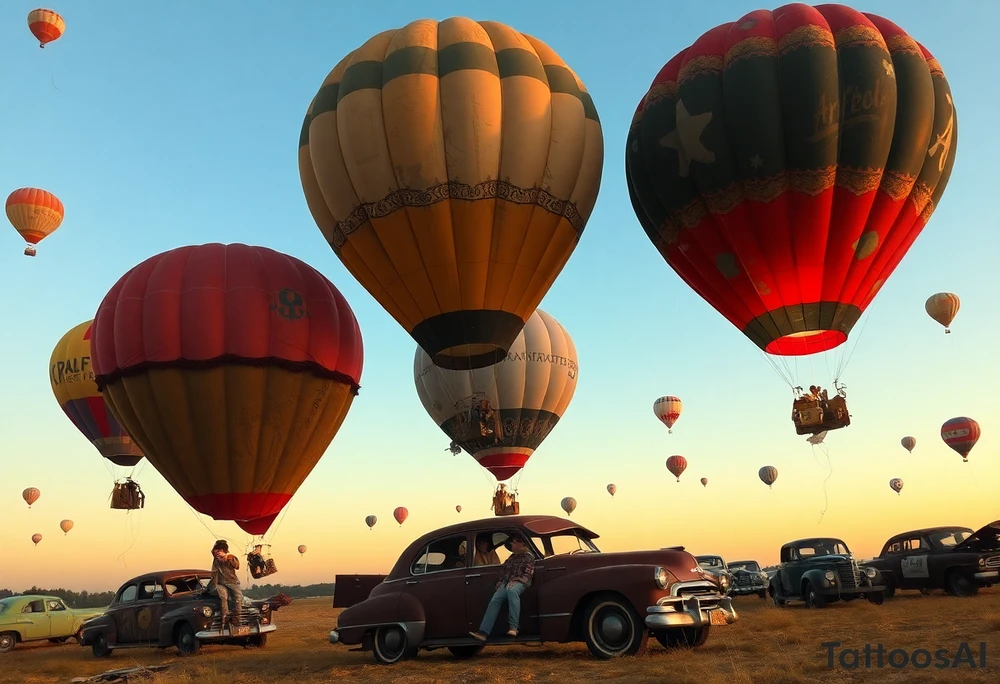 in a very steam punk vibe i want you to make a picture of a bunch of old beat up cars with people lounging in them and garbage and junk all up in and on them, tied to hot air balloons floating in the sky right about dusk and they are as far as the eye can see i want the cars to be floating as if they were the basket to the hot air balloons and the hot air balloons are all different colors and patterns and some are old and patched and i dont want to see the ground at all  i want this to be a scene that is up in the sky with them all floating under the balloons like it is in a dream and every single balloon in the picture is attached to a different old car, and some of the cars you can see people kicked back with thier feet out the window and stuff on the dash of the car, and some with people hanging an arm out hte window some have cigarrette smoke coming out the window, and the balloons all are different but every single car is floating high in the sky and i dont want there to be too many balloons and cars, just a few close together, and the rest ll are smaller and off in the distance 

and it should look like i too am in a car attached to a hot air balloon floating along as well and there should be no ground in sight,... because each one is hiigh in the sky, on a long voyage together i dont want to see the ground from the posistion no ground only sky tattoo idea