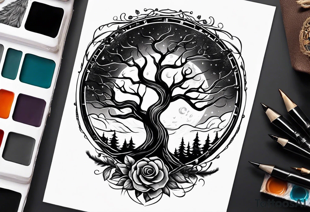 Guitar design moon tree campfire tattoo idea