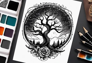Guitar design moon tree campfire tattoo idea
