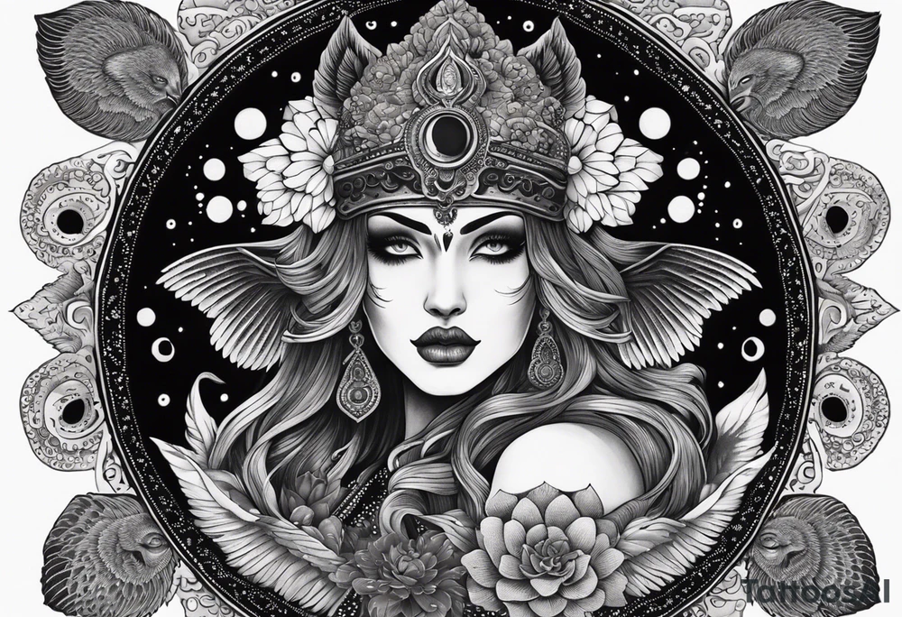 black kali, goddess pirate, alien, angel, pachamama, valkrye, warrior, flying, skull, lotus azul, wing, eagle, zenza resonance, stars, 5D, anahata chakra, death, durga, riding on a tiger, flying lady, kundalini, chest tatoo, samuri, rebel, serpent tattoo idea