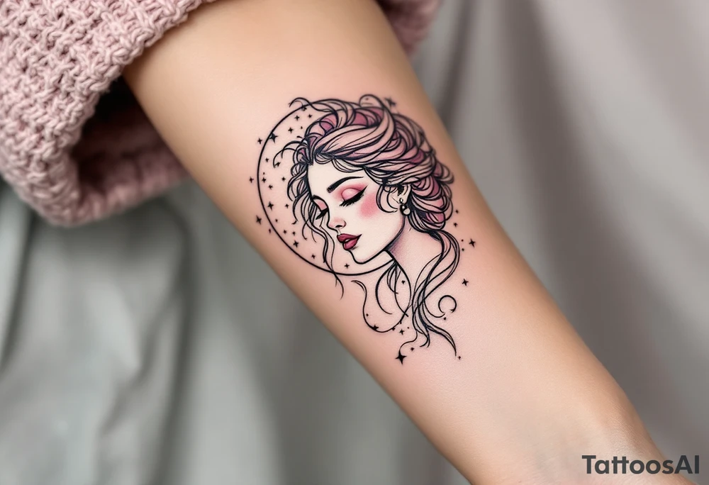 Fine black linework of the Virgo star constellation curves behind a stylized goddess in plum and wine hues tattoo idea