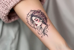 Fine black linework of the Virgo star constellation curves behind a stylized goddess in plum and wine hues tattoo idea