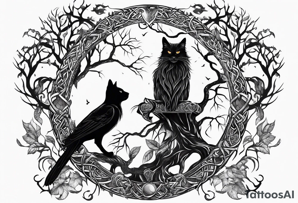 world tree with a cat and a raven and knotwork tattoo idea
