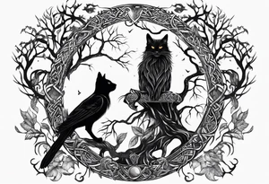 world tree with a cat and a raven and knotwork tattoo idea