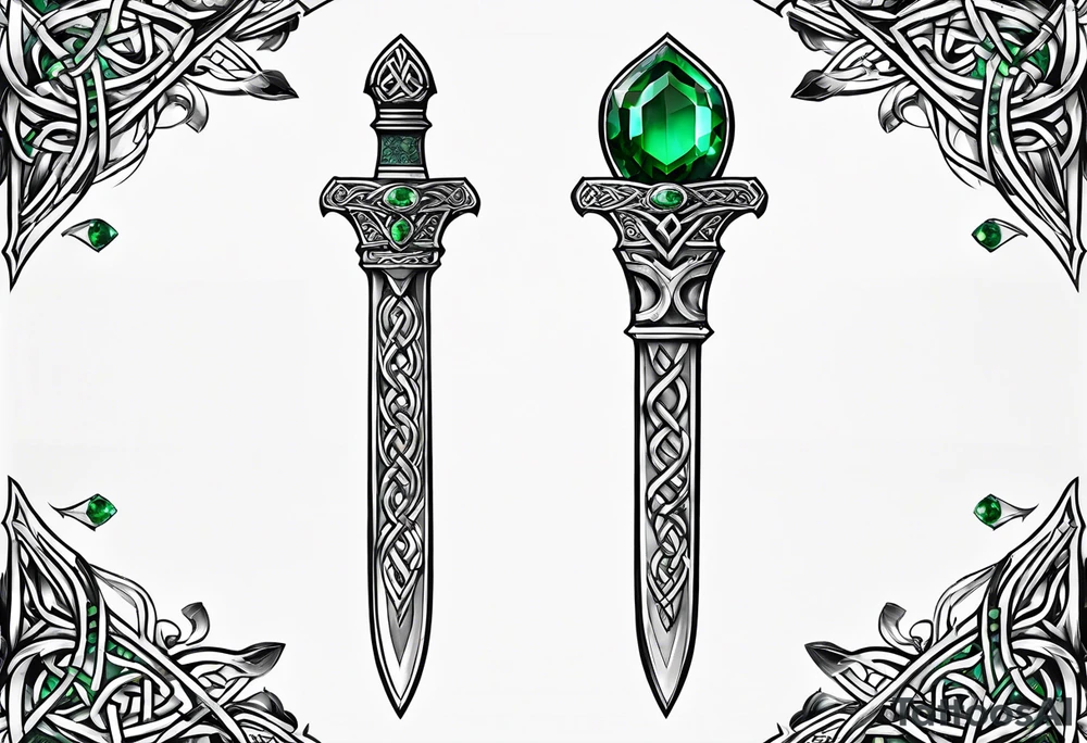 A Celtic dagger with an oak hilt turned upright and emerald gemstones on it tattoo idea